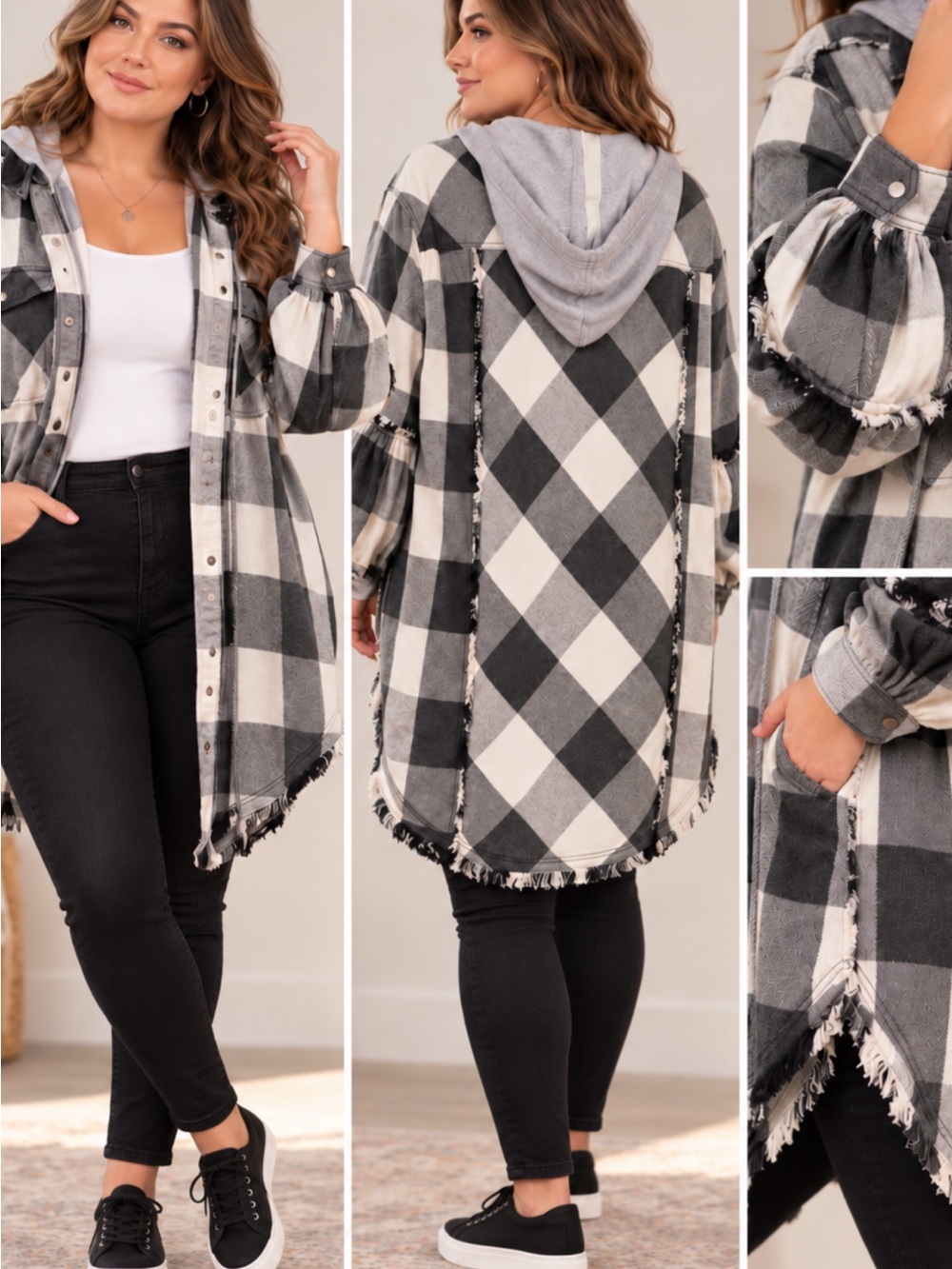 Free People Plaid Hooded Shacket Jacket Black Gray White Oversized Distressed